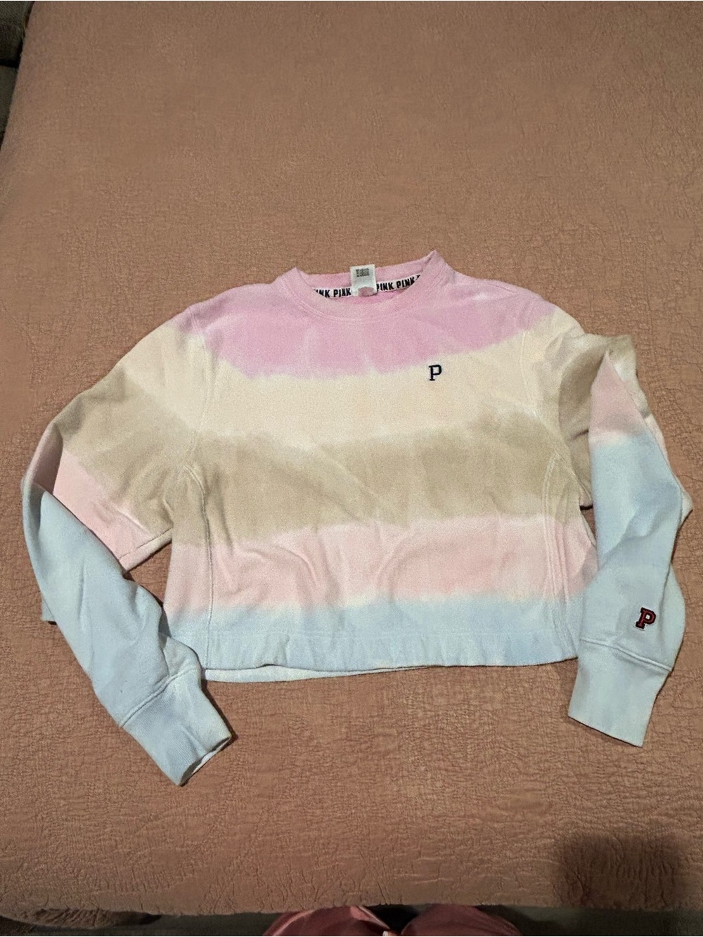 PINK Victoria's Secret Tie-Dye Cropped Crewneck Sweatshirt in Pastel Stripe